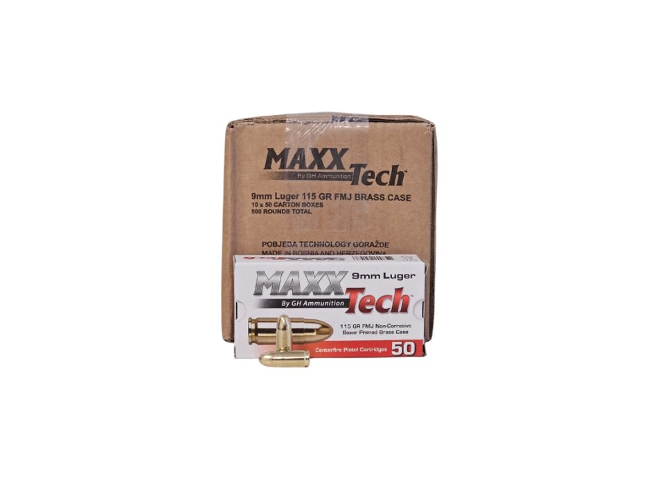 MaxxTech 9mm Luger CASE 115 Grain Full Metal Jacket - 500 Rounds (CASE) PTGB9MMB
