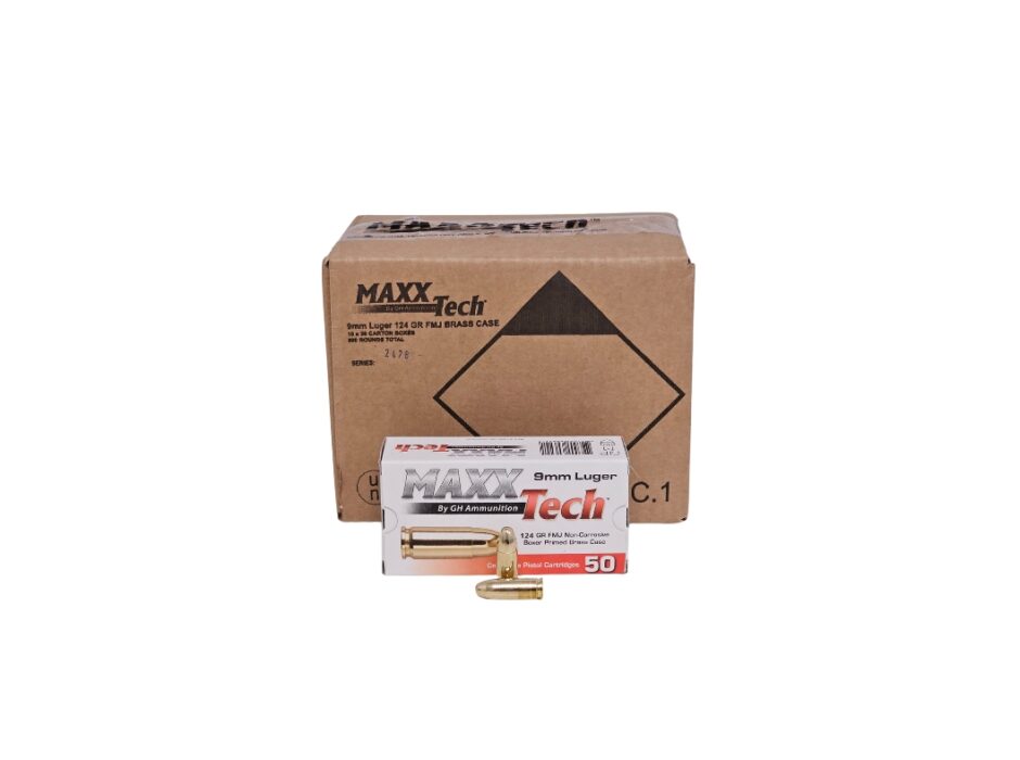 MaxxTech 9mm Luger CASE 124 Grain Full Metal Jacket – 500 Rounds (CASE) PTGB9MM
