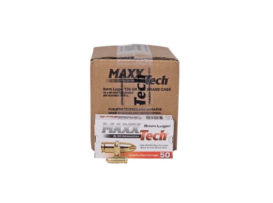 MaxxTech 9mm Luger CASE 124 Grain Full Metal Jacket – 500 Rounds (CASE) PTGB9MM