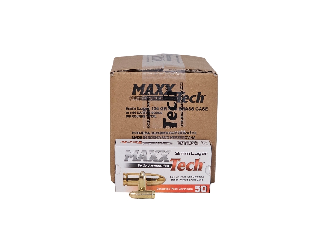 MaxxTech 9mm Luger CASE 124 Grain Full Metal Jacket – 500 Rounds (CASE) PTGB9MM