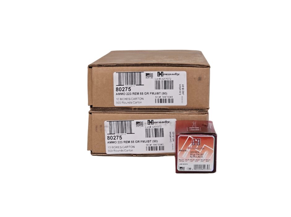 Hornady Custom .223 Remington 55 Grain FMJ Boat Tail - 1,000 Rounds (2 CASES) 80275