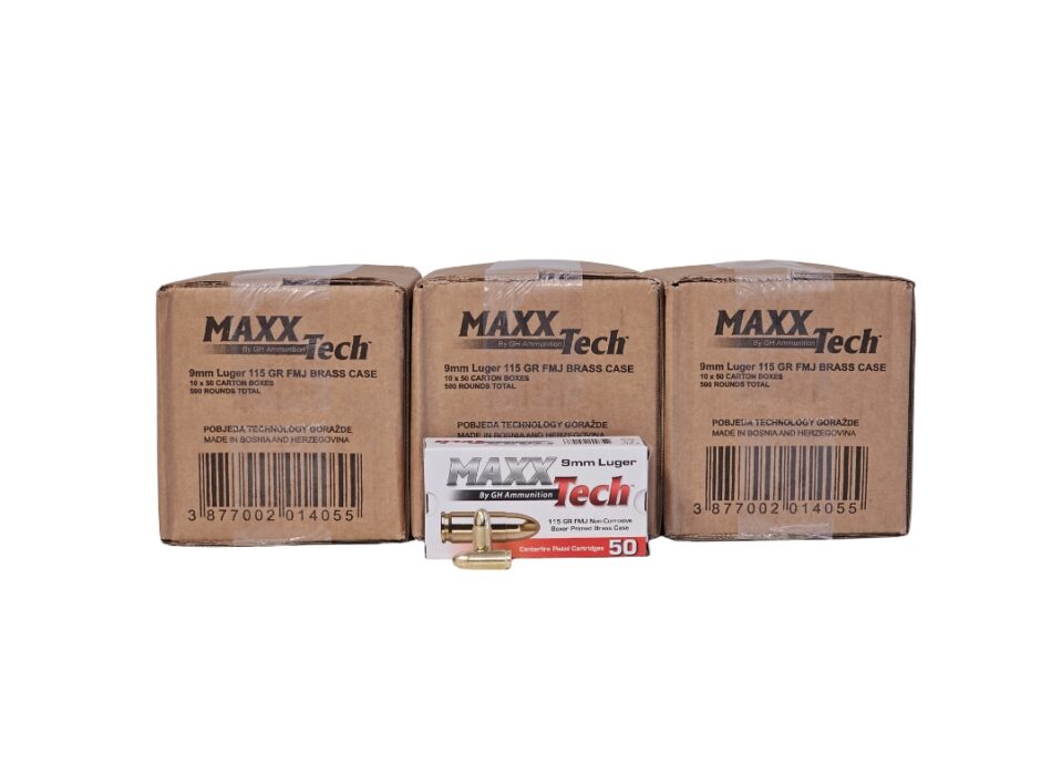 MaxxTech 9mm Luger 115 Grain Full Metal Jacket - 1,500 Rounds (3 CASES) PTGB9MMB