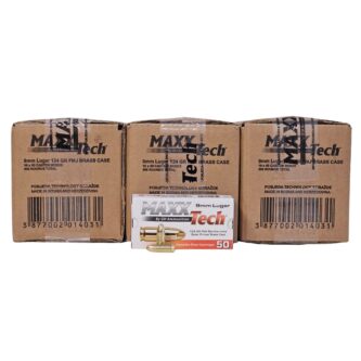 MaxxTech 9mm Luger 124 Grain Full Metal Jacket – 1,500 Rounds (3 CASES) PTGB9MM