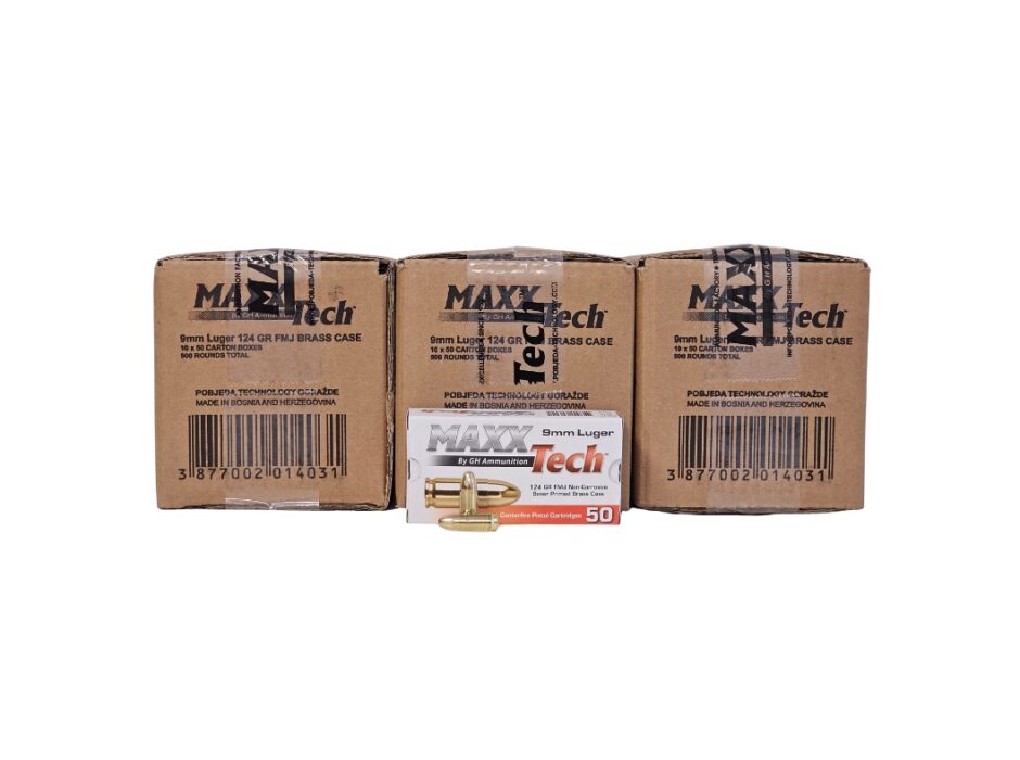 MaxxTech 9mm Luger 124 Grain Full Metal Jacket – 1,500 Rounds (3 CASES) PTGB9MM