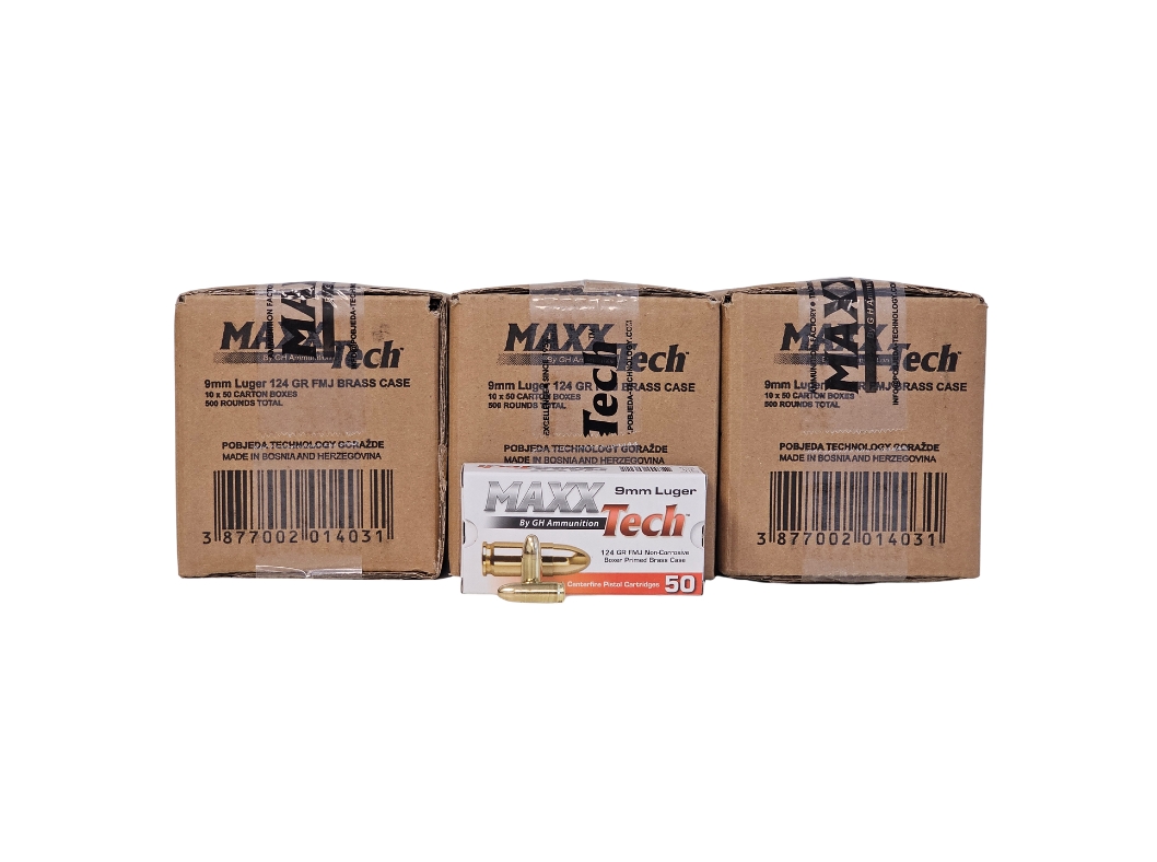 MaxxTech 9mm Luger 124 Grain Full Metal Jacket – 1,500 Rounds (3 CASES) PTGB9MM