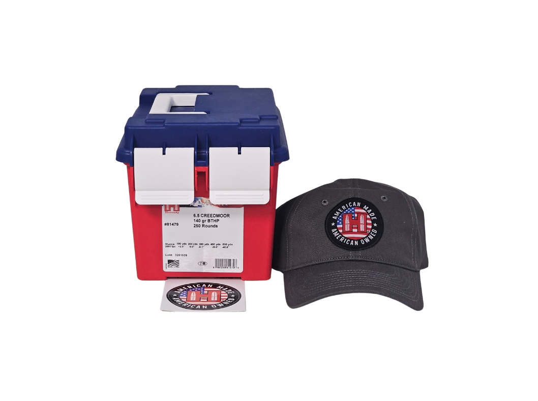 Hornady 250th Anniversary 6.5 Creedmoor 140 Grain Match BTHP w/ Hat and Sticker - 250 Rounds (AMMO CAN, Hat, Sticker) 81479