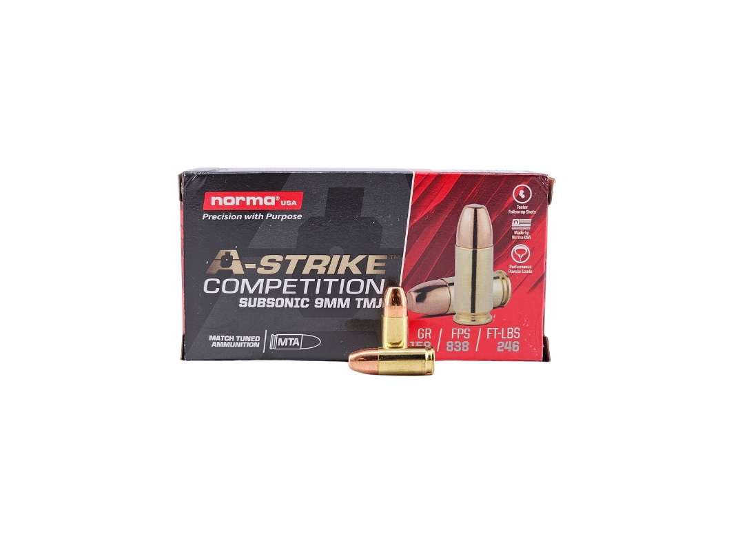 Norma A-Strike 9mm Luger SUBSONIC 158 Grain Total Metal Jacket - 50 Rounds (Box) 801902422